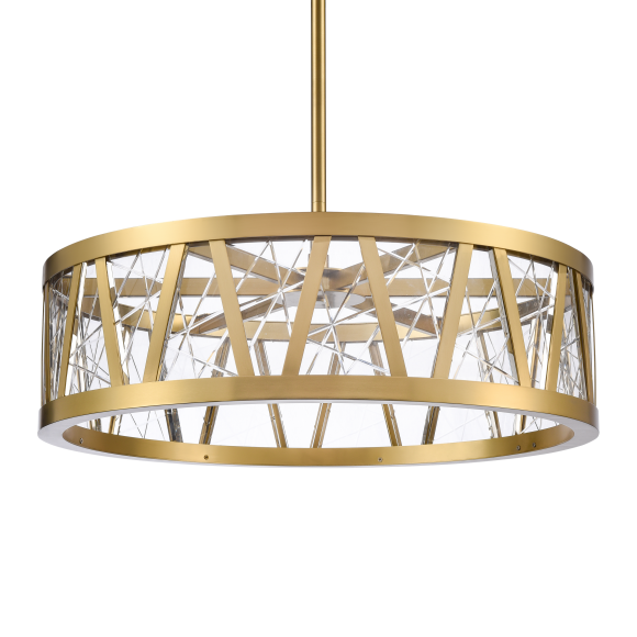 Lucus LED 30" Thick Engraved Crystals Aged Brass Drum Pendant Light